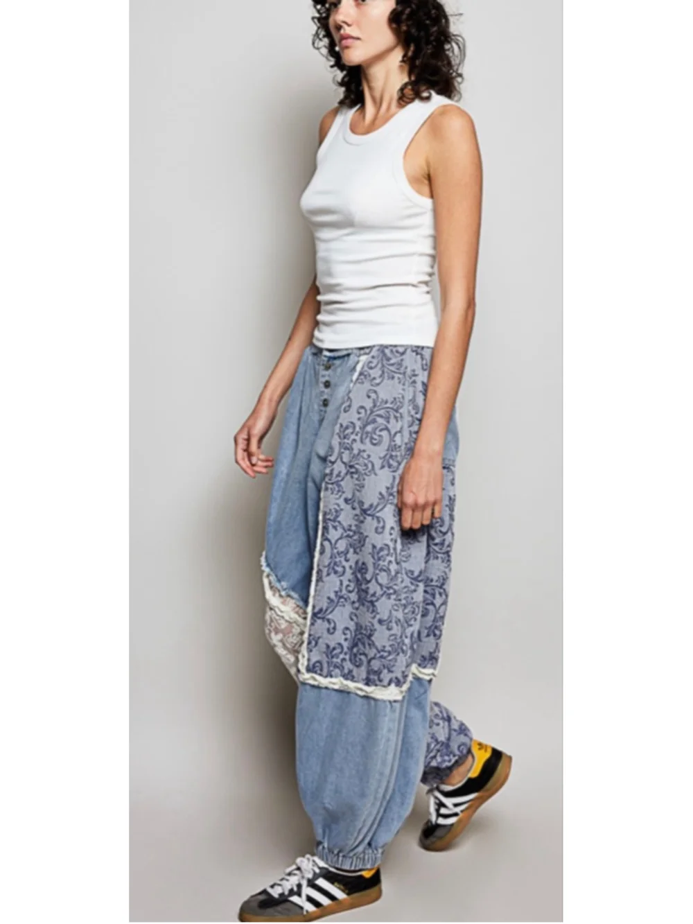 NEW Pol Free People Style Lace Patchwork Embroidery Denim Baggy Pants size S M L